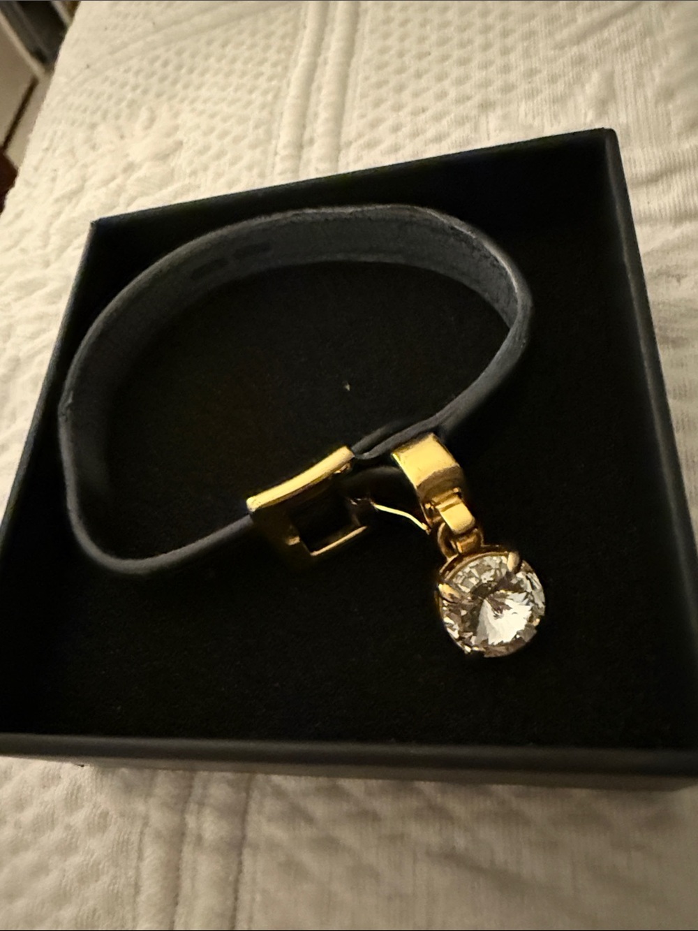 Miu Miu Black Leather Bracelet with Gold Hardware and Crystal Charm - Picture 7 of 7